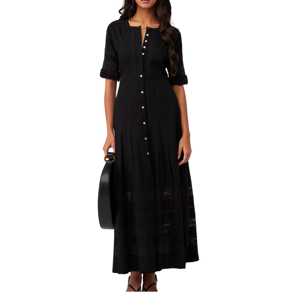 LoveShackFancy Edie Lace Short Sleeve Long Dress - Black, Size M dark romantic